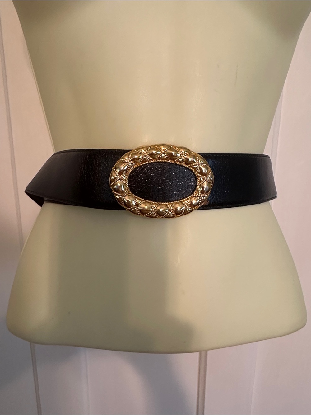 Vintage Talbots Black Leather Belt with Ornate Gold Oval Buckle